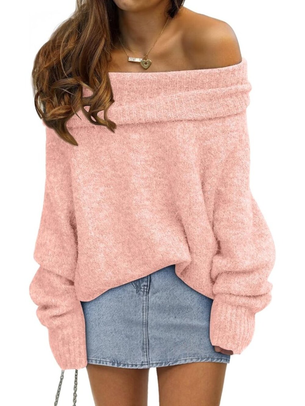 〽️Women Pink Off Shoulder Loose Oversized Knit Pullover Sweater Fall Casual Top